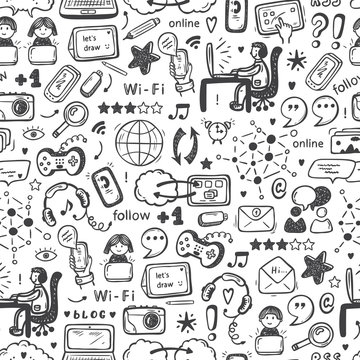 Internet of Things Background. Hand drawn Doodle Cloud Computing Technology and Social Media Icons Vector Seamless pattern