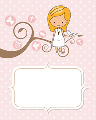 Card my first communion. Girl sitting on a tree with a dove