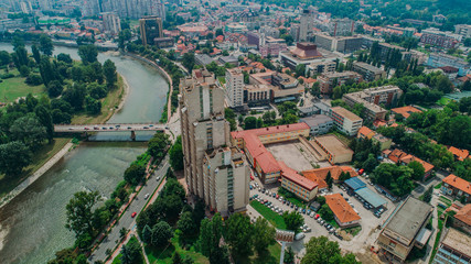 city photographed from air by drone. Old balkan buildings and communism type of architecture....