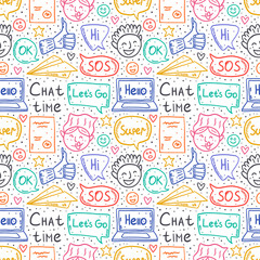 Chat time cartoon, doodle, vector seamless pattern, background, backdrop, texture, back. Speech bubble, message, emoji, letter, gadget. Cute colorful neon design. Isolated on white background. 