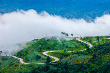 Beautiful scenery, clouds and road to Phu Thap Boek mountain in the rainy season, Phetchabun Province,Thailand