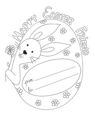 Easter greeting coloring card with rabbit and flower