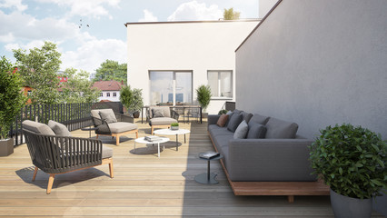 Modern terrace showcase with sofa and chairs - obrazy, fototapety, plakaty