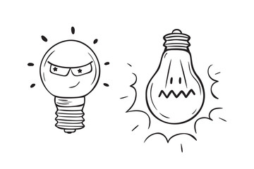 Vector Set of Hand drawn Light Bulbs idea Symbol. Traditional Electric Light Bulb and Energy Saving Light Bulb