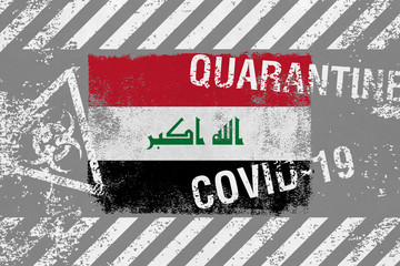 Flag of Iraq on grunge styled background with COVID-19 and QUARANTINE symbols on it. Novel Coronavirus (2019-nCoV) concept, for an outbreak occurs in Iraq.