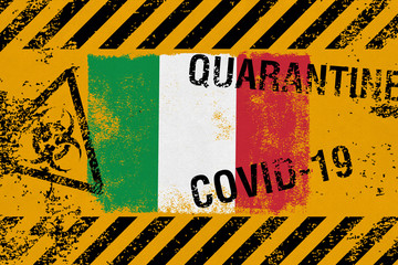 Flag of Italy on grunge styled background with COVID-19 and QUARANTINE symbols on it. Novel Coronavirus (2019-nCoV) concept, for an outbreak occurs in Italy.