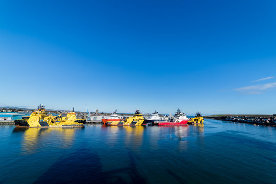 MONTROSE, SCOTLAND - 2016 OCTOBER 09. Total of eleven offshore support vessels are berthed in the harbour at Montrose.