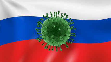 Obraz premium Model of Coronavirus on the background of Russian flag.