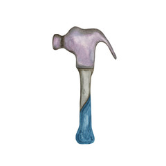 Watercolor illustration of a hammer construction tool for repair. Hand-drawn with watercolors and is suitable for all types of design and printing.