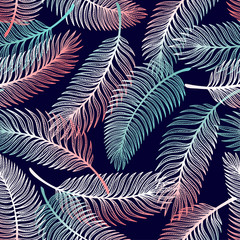 Tropical Palm Tree Leaves Vector Seamless Pattern. Palm Leaf Sketch. Summer Floral Background. Tropical Plants Wallpaper