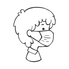 Profile man in a protective mask against viruses. Cartoon character on a white background in sketch style. Linear illustration.