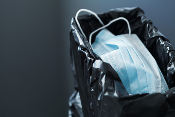 Used medical masks against coronavirus in trashcan. Corona virus or covid-19 concept.