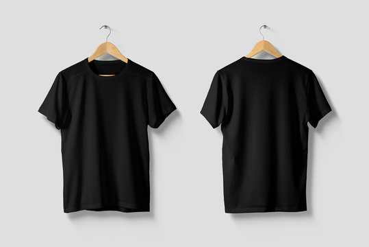 Black T-Shirt Mock-up on wooden hanger, front and rear side view. High resolution.
