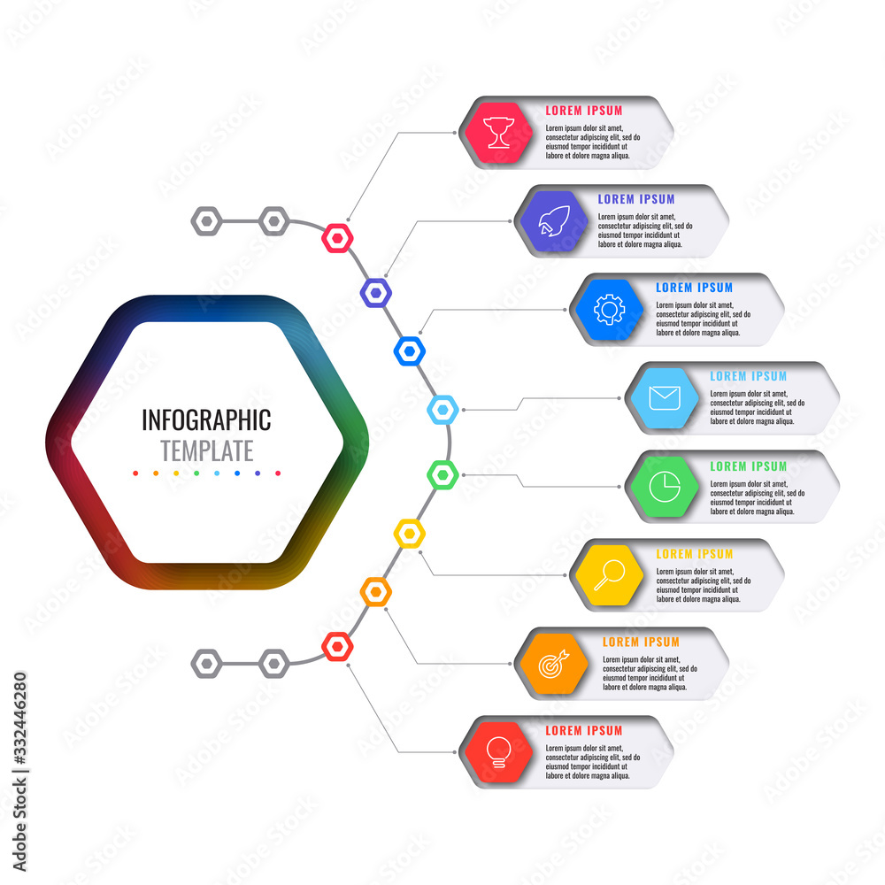 Poster business infographic template with eight realistic hexagonal elements with thin line icons on white 