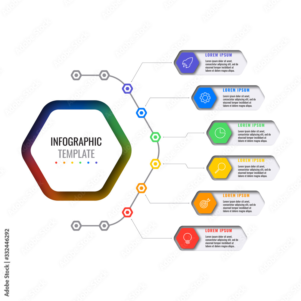 Aufkleber business infographic template with six realistic hexagonal elements with thin line icons on white ba
