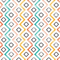 Fotobehang Ruiten Kleurrijke vierkanten en zigzag verf penseelstreken naadloze patroon. Vector abstracte grunge-achtergrond