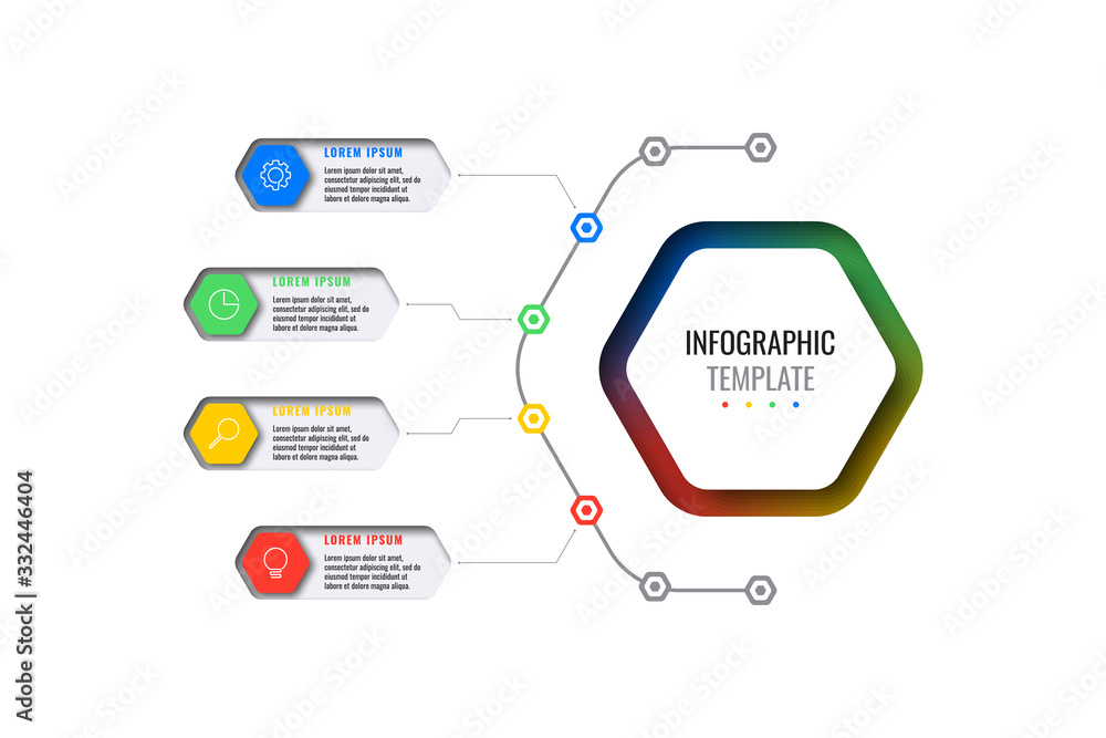 Poster business infographic template with four realistic hexagonal elements with thin line icons on white b
