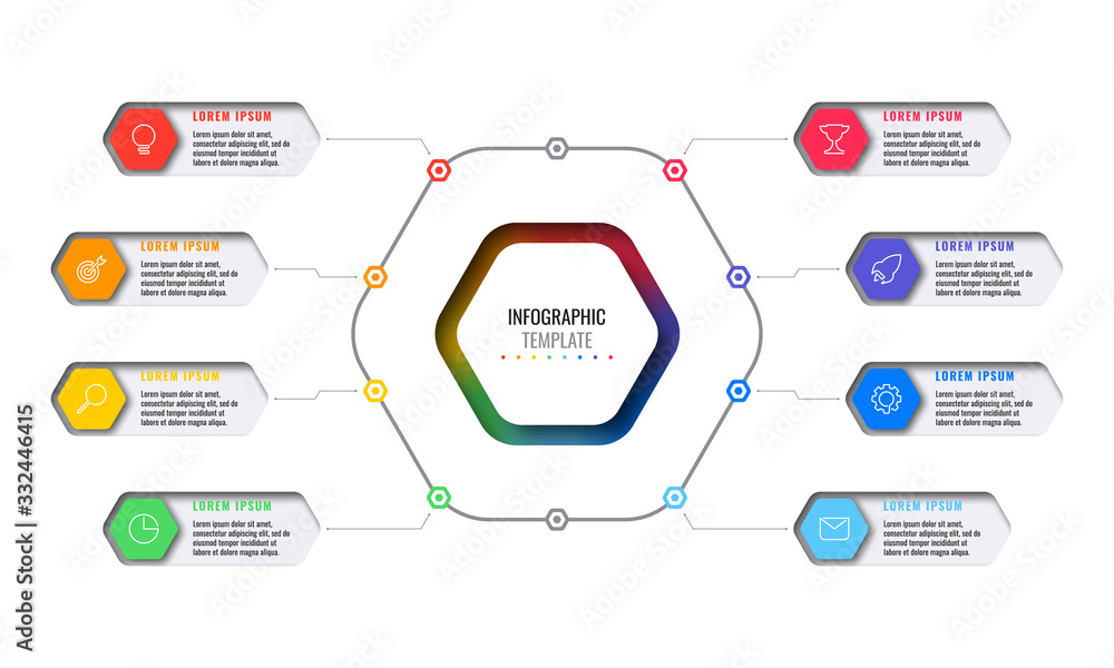 Poster business infographic template with eight realistic hexagonal elements with thin line icons on white 