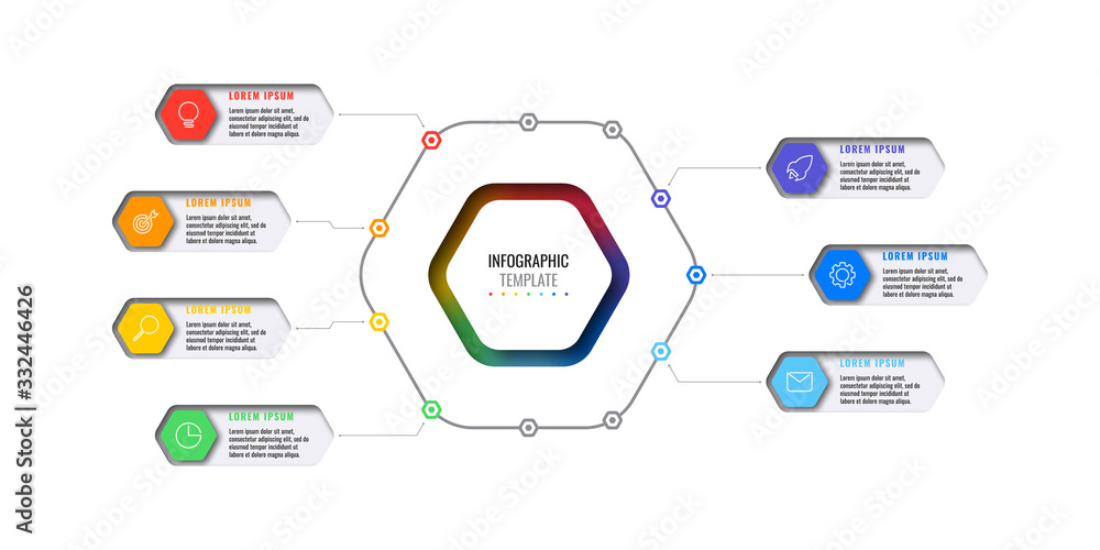 Poster business infographic template with seven realistic hexagonal elements with thin line icons on white 