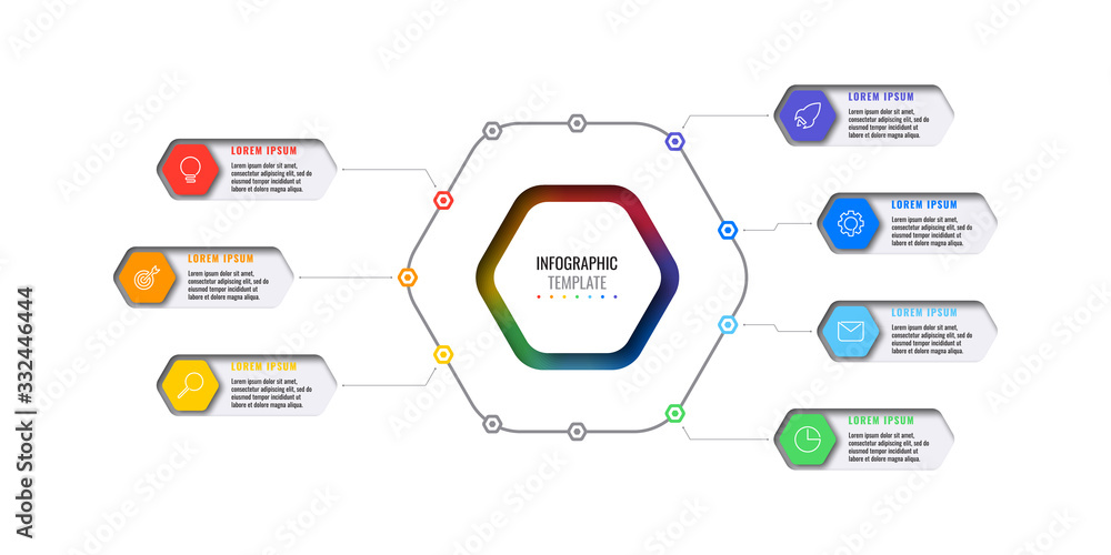 Poster business infographic template with seven realistic hexagonal elements with thin line icons on white 