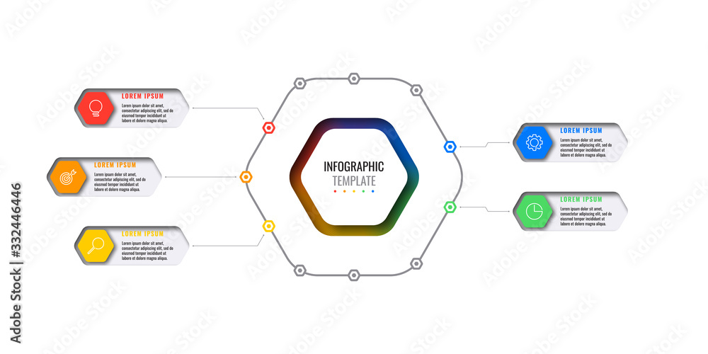 Poster business infographic template with five realistic hexagonal elements with thin line icons on white b