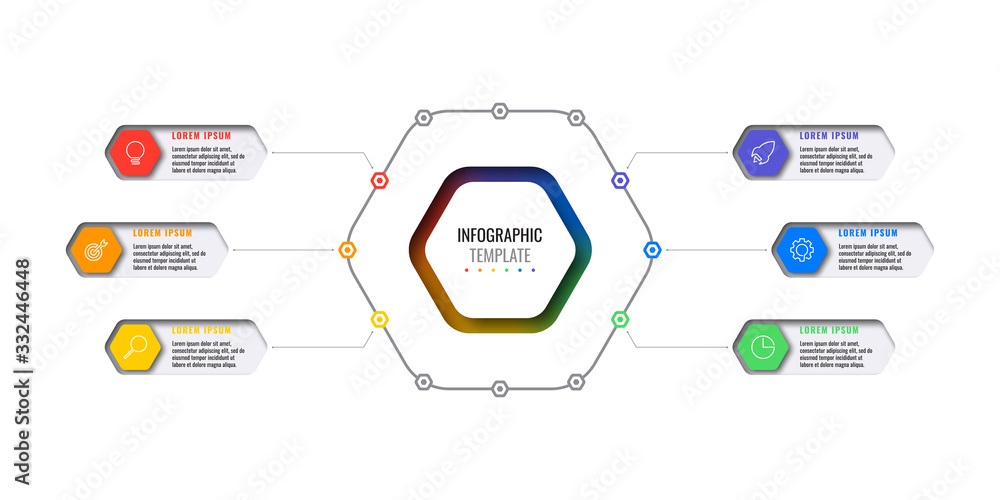 Aufkleber business infographic template with six realistic hexagonal elements with thin line icons on white ba