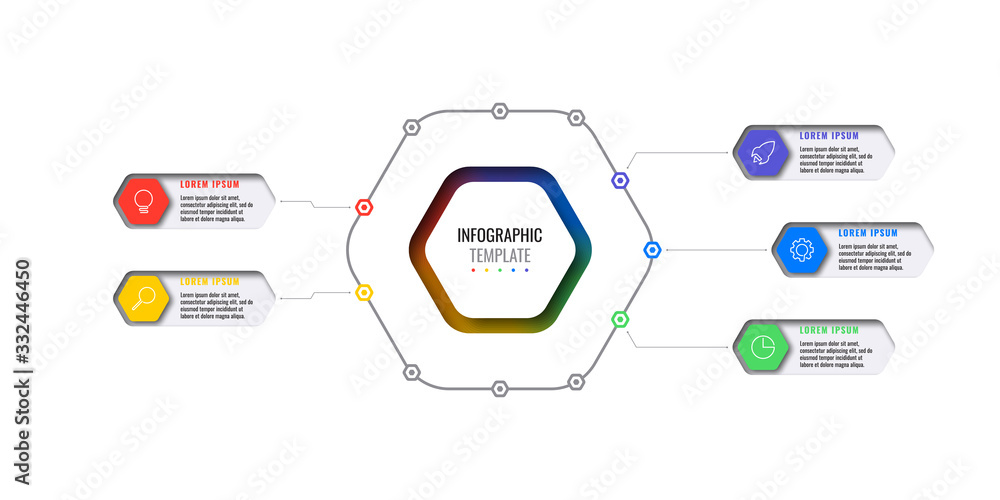 Poster business infographic template with five realistic hexagonal elements with thin line icons on white b