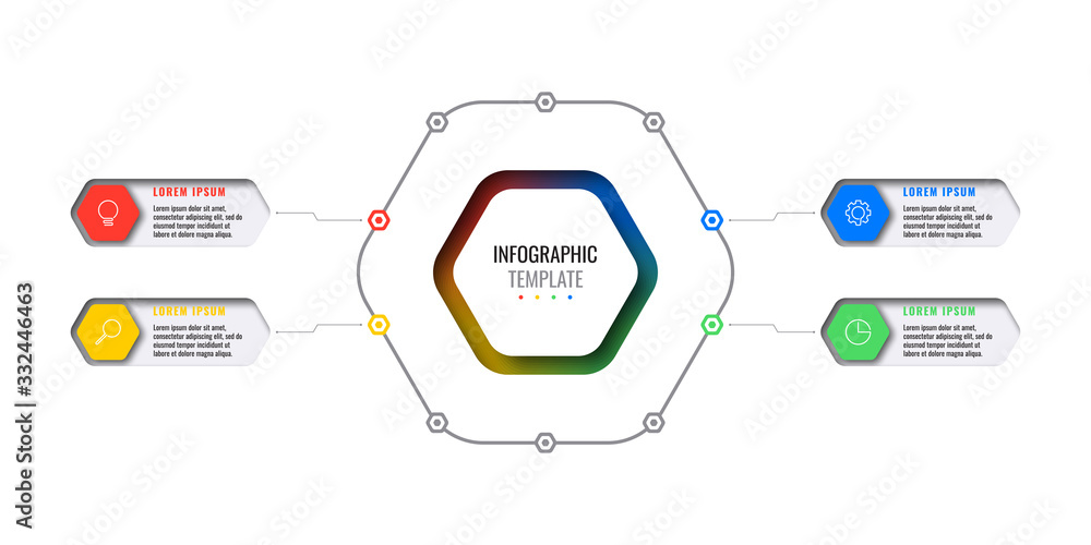 Poster business infographic template with four realistic hexagonal elements with thin line icons on white b