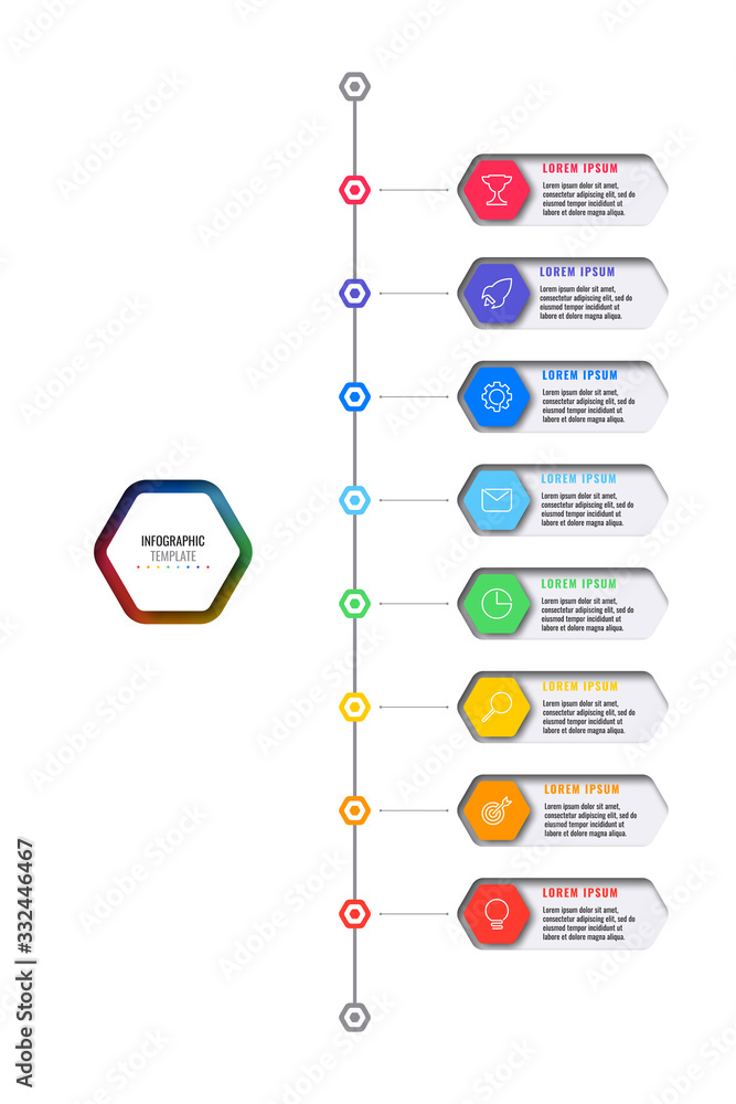 Aufkleber vertical timeline template with eight realistic hexagonal elements with thin line icons on white bac