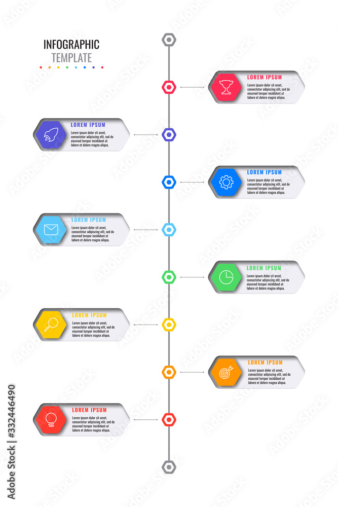 Aufkleber vertical timeline template with eight realistic hexagonal elements with thin line icons on white bac