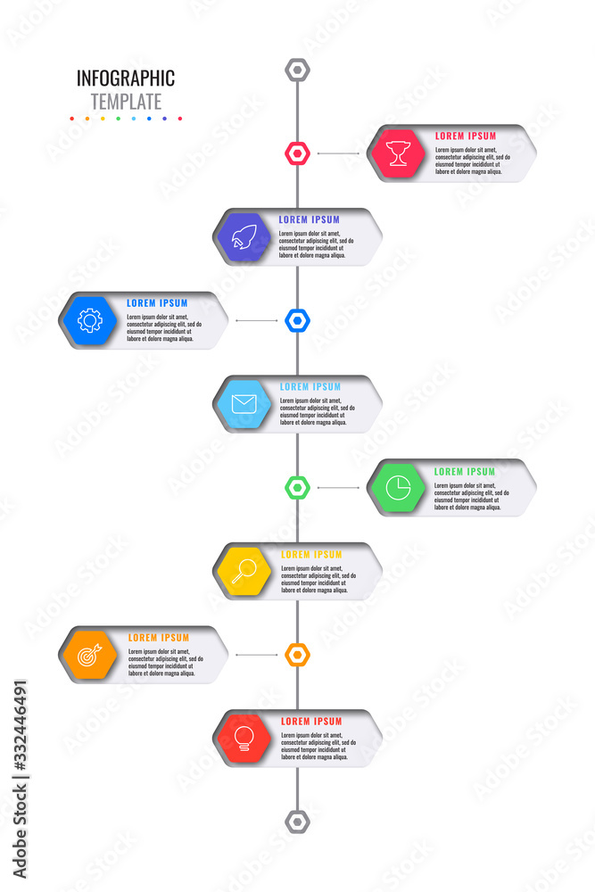 Poster vertical timeline template with eight realistic hexagonal elements with thin line icons on white bac