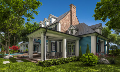 3d rendering of modern cozy classic house in colonial style with garage and pool for sale or rent with beautiful landscaping on background. Clear sunny summer day with blue sky.