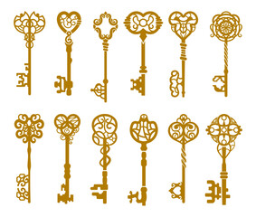 Set of vintage gold key silhouette or icons