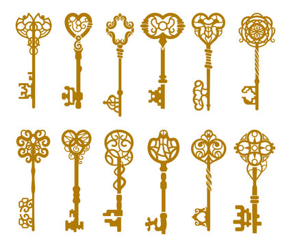 Set of vintage gold key silhouette or icons
