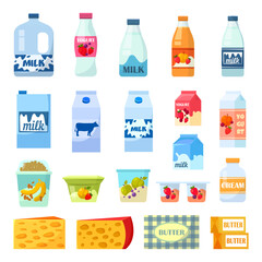 Milk and dairy food products, vector flat icons