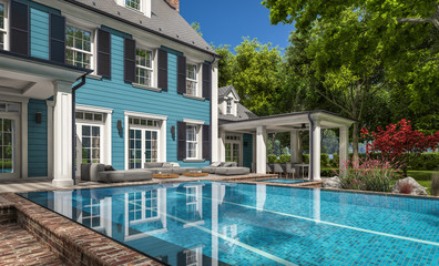 Fototapeta premium 3d rendering of modern cozy classic house in colonial style with garage and pool for sale or rent with beautiful landscaping on background. Clear sunny summer day with blue sky.