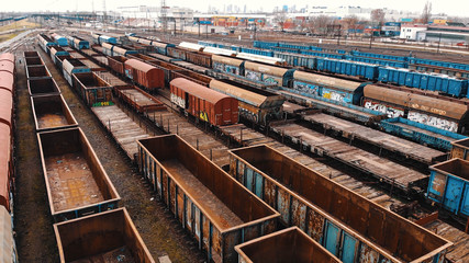 Warsaw, Poland 03.20.2020. - Empty cargo containers on the railyard. Freight transport. inland...