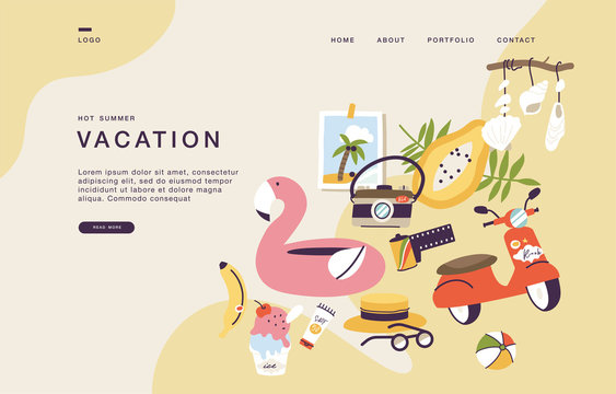 Landing page template for websites with collection icons of summer vacation trip. Cocept of summer vacation.