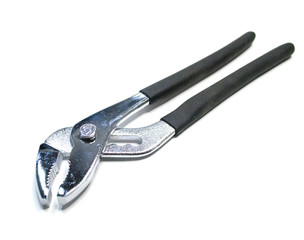 Obraz premium Plumbing wrench with black handles on a white background. Manual metal tool for loosening nuts and clamping parts.