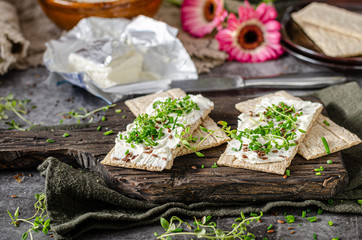 Delicious fresh cheese with herbs on crispbread