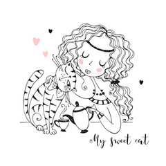 Cute girl with a cat drinking tea. Coloring. Vector