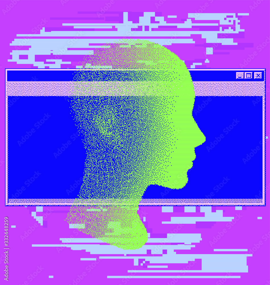 Poster human head made of particles. futuristic cyberpunk style vector illustration, concept of malware and