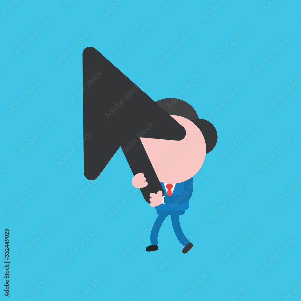 Poster vector illustration of businessman character walking and holding computer mouse cursor arrow icon.