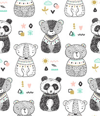 Teddyberen Vector Naadloos Patroon. Achtergrond voor kinderen met Hand getrokken Doodle schattige Baby Panda, ijsbeer, Grizzly, bruine beer. Cartoon tribal dieren vectorillustratie. Scandinavische stijl