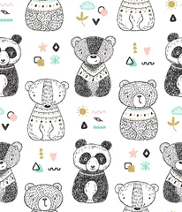 Wall murals Out of Nature Teddy Bears Vector Seamless Pattern. Background for Kids with Hand drawn Doodle Cute Baby Panda, Polar bear, Grizzly, Brown Bear. Cartoon tribal Animals Vector illustration. Scandinavian style