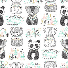 Teddy Bears and Animal Habitat Vector Seamless Pattern. Scandinavian style Background for Kids with Hand drawn Doodle Cute Baby Panda, Polar bear, Grizzly, Brown Bear. Cartoon tribal Animals