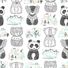  Teddyberen en dierlijke Habitat Vector naadloze patroon. Scandinavische stijl achtergrond voor kinderen met Hand getrokken Doodle schattige Baby Panda, ijsbeer, Grizzly, bruine beer. Tribale tekenfilmdieren © AllNikArt
