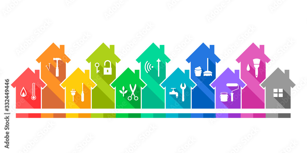 Poster houses and related work tools in colorful flat design. building and home set with working tool icons