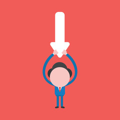 Vector illustration of businessman character holding up arrow pointing down.