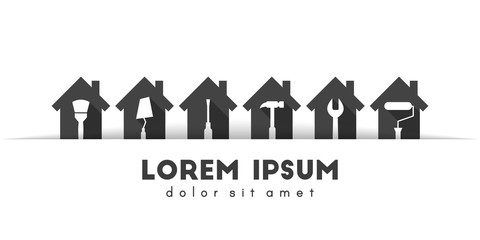 Tools and buildings as renovation concept. Tucked paper pocket design on white background.